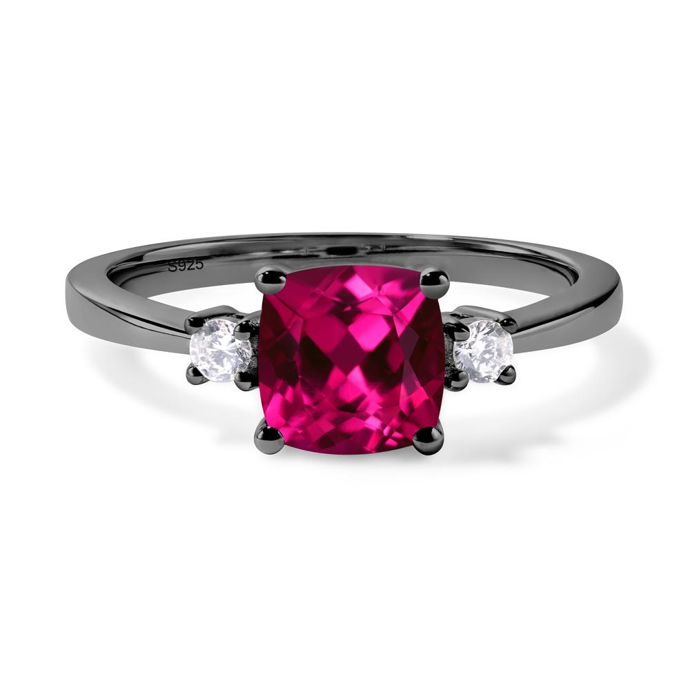 Cushion Cut Lab Grown Ruby Trilogy Ring - LUO Jewelry #metal_black finish sterling silver
