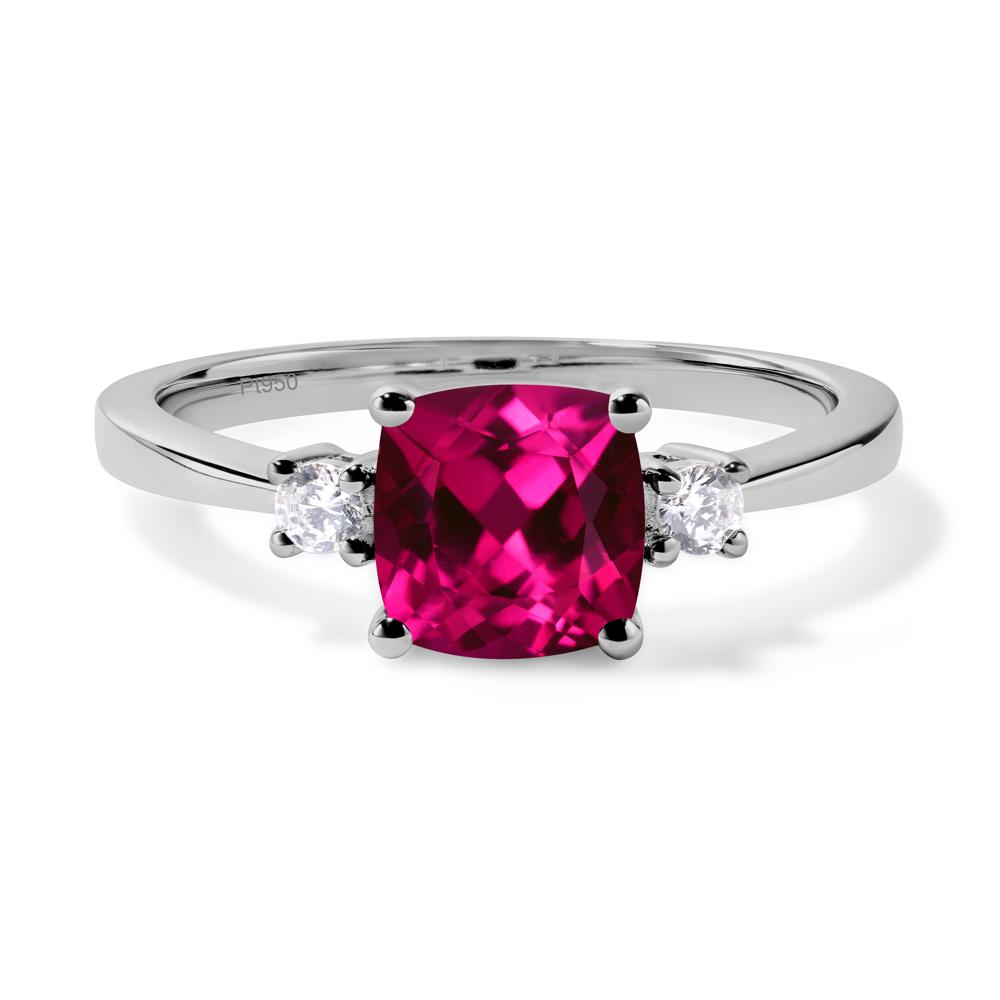 Cushion Cut Lab Grown Ruby Trilogy Ring - LUO Jewelry #metal_platinum