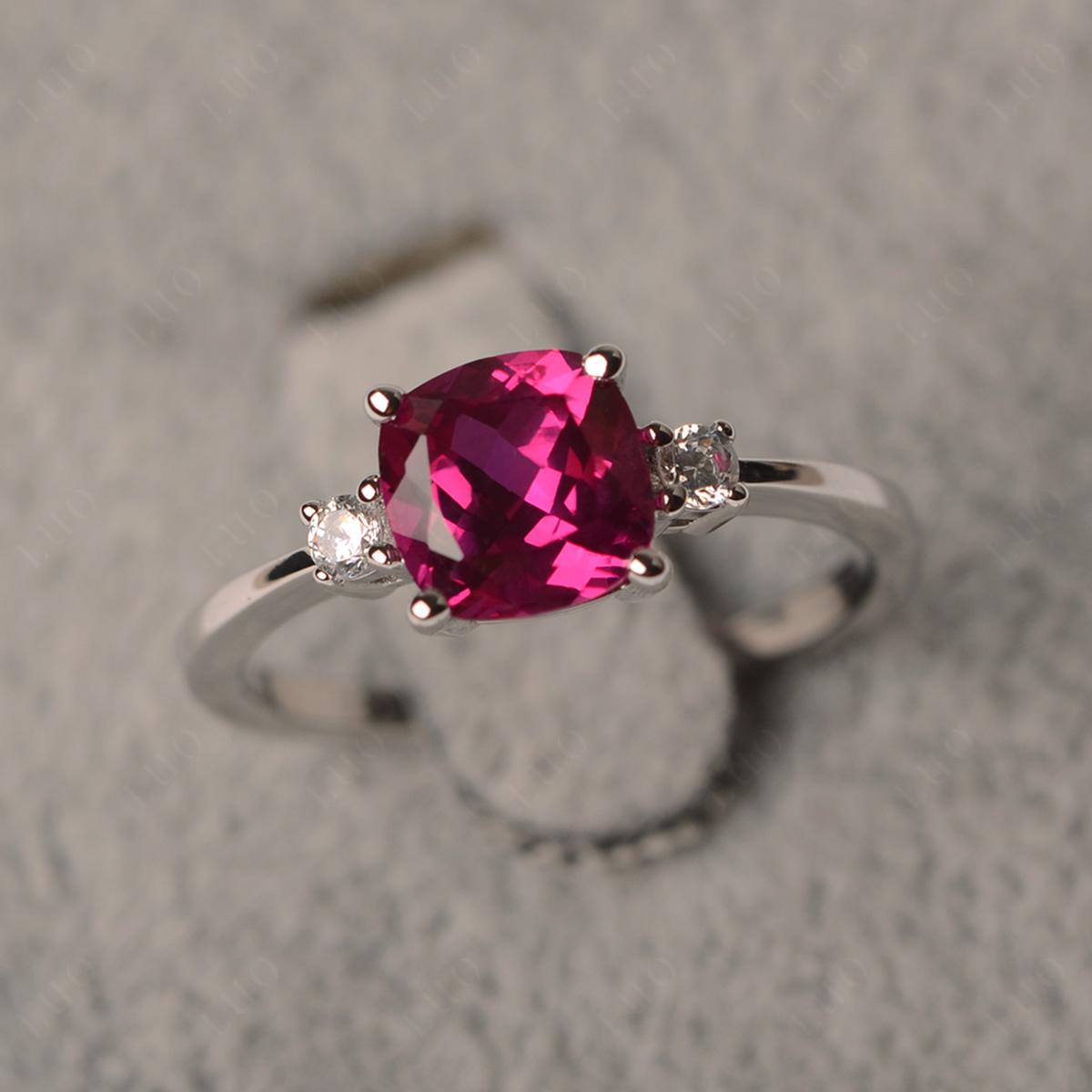 Cushion Cut Lab Grown Ruby Trilogy Ring - LUO Jewelry