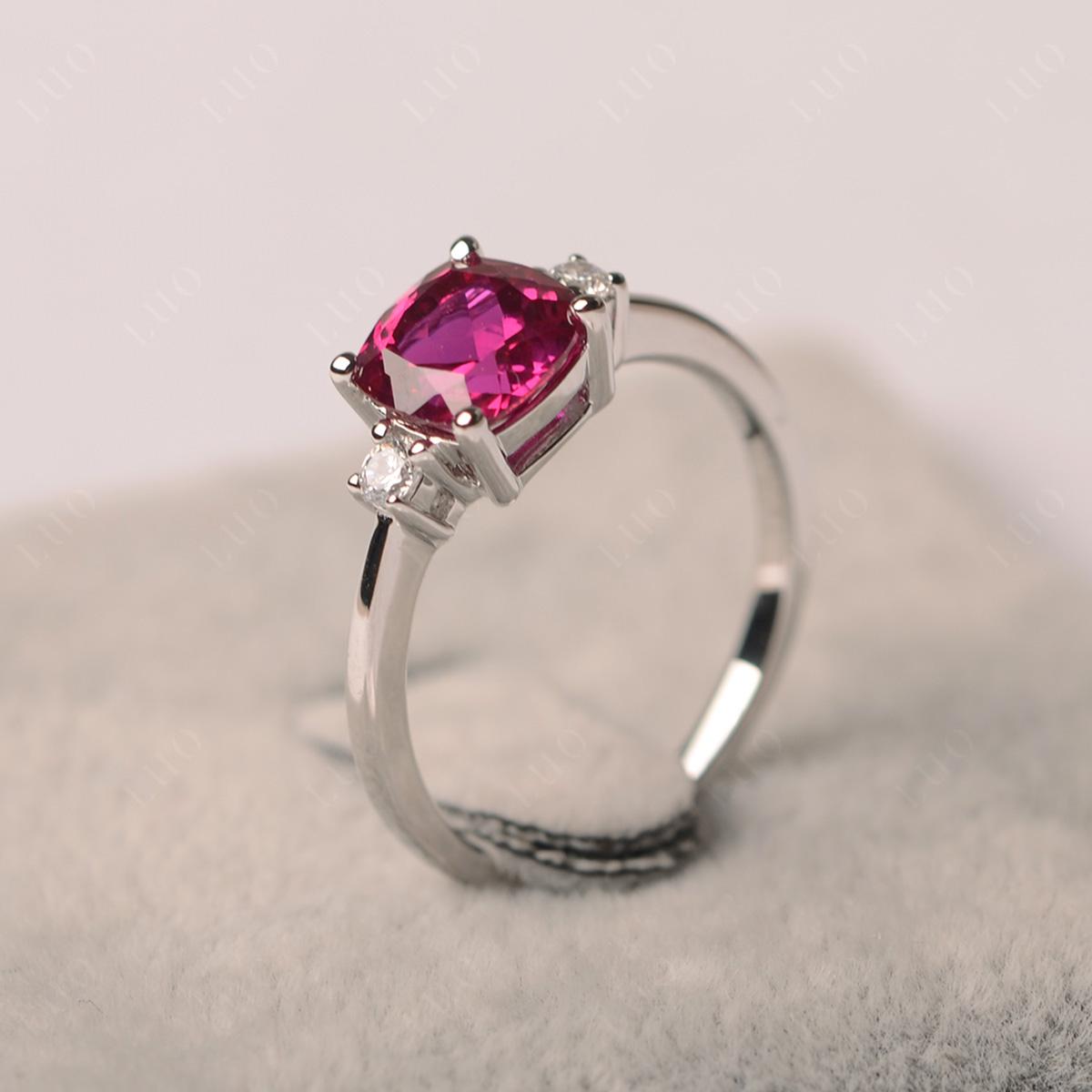 Cushion Cut Lab Grown Ruby Trilogy Ring - LUO Jewelry