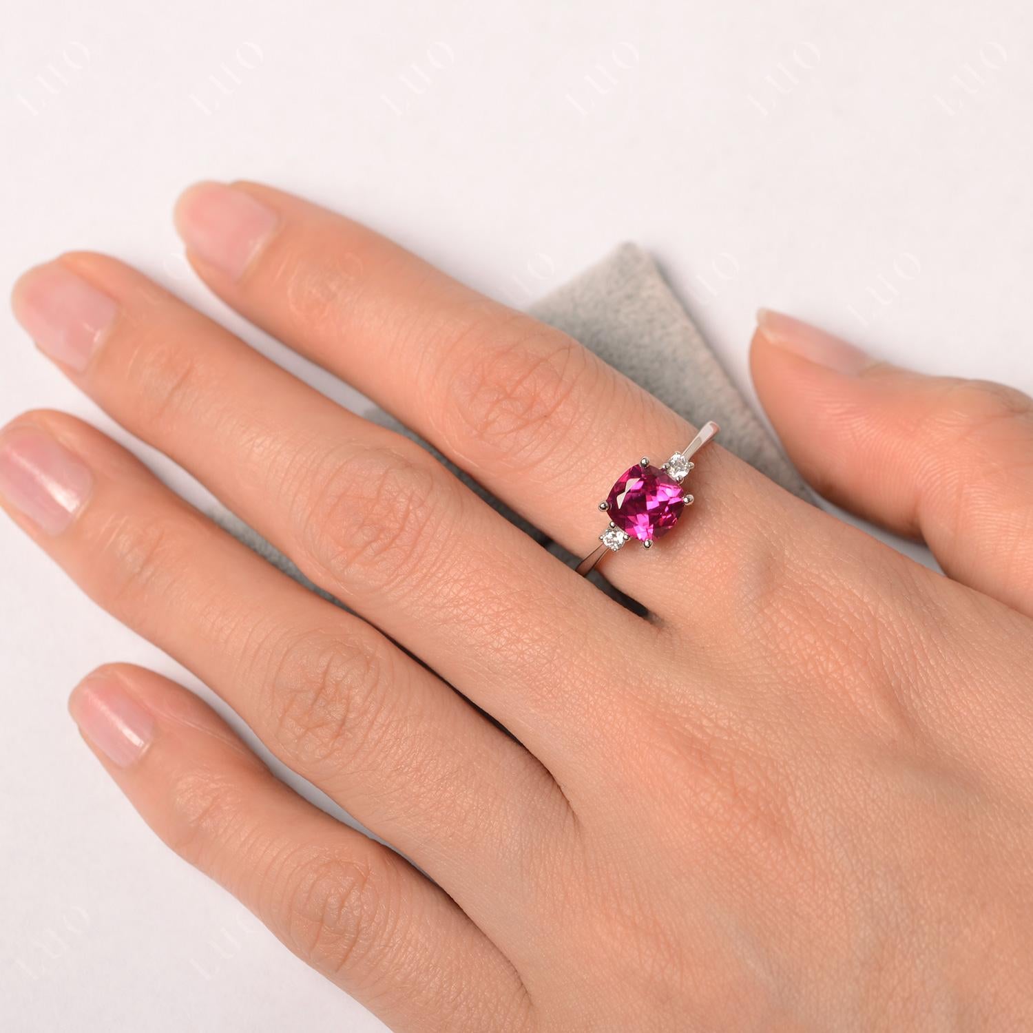 Cushion Cut Lab Grown Ruby Trilogy Ring - LUO Jewelry