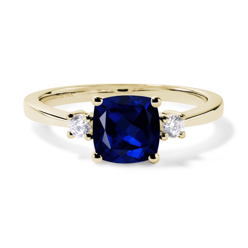 Cushion Cut Lab Grown Sapphire Trilogy Ring - LUO Jewelry #metal_14k yellow gold