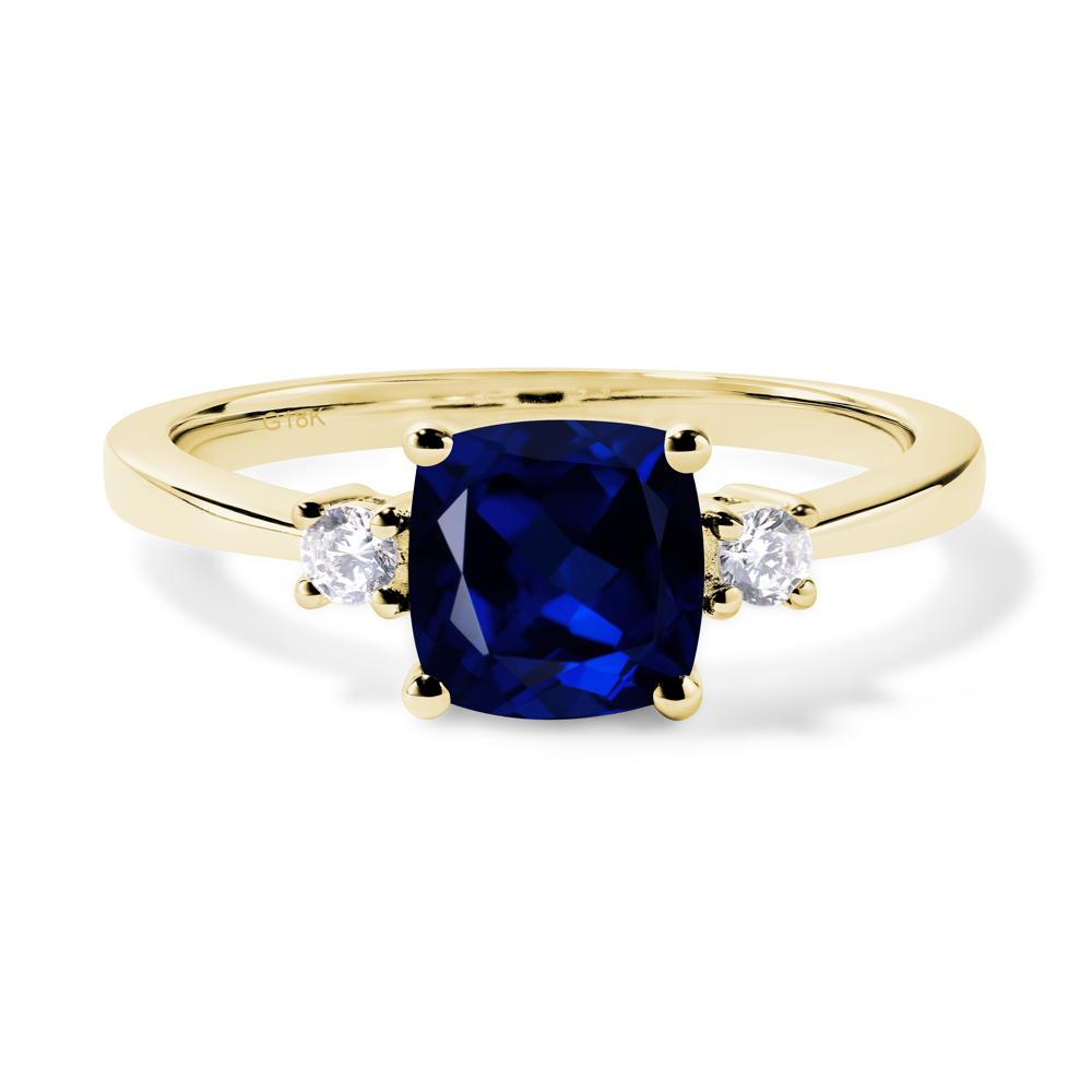 Cushion Cut Lab Grown Sapphire Trilogy Ring - LUO Jewelry #metal_18k yellow gold