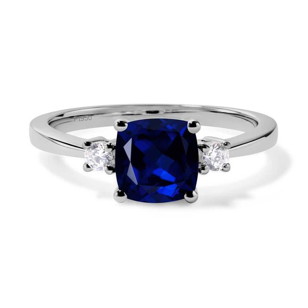 Cushion Cut Lab Grown Sapphire Trilogy Ring - LUO Jewelry #metal_platinum