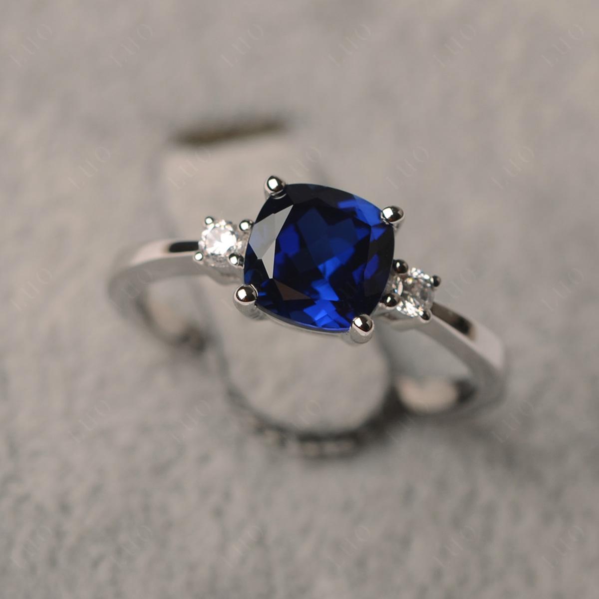 Cushion Cut Lab Grown Sapphire Trilogy Ring - LUO Jewelry