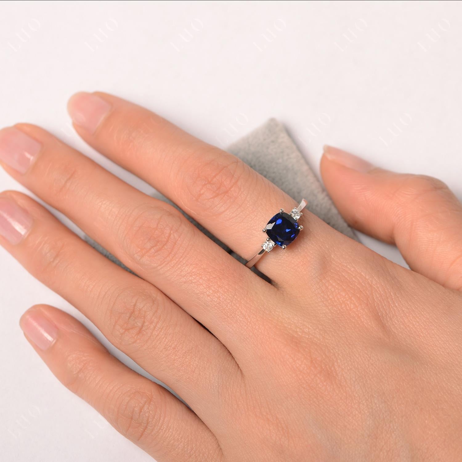 Cushion Cut Lab Grown Sapphire Trilogy Ring - LUO Jewelry