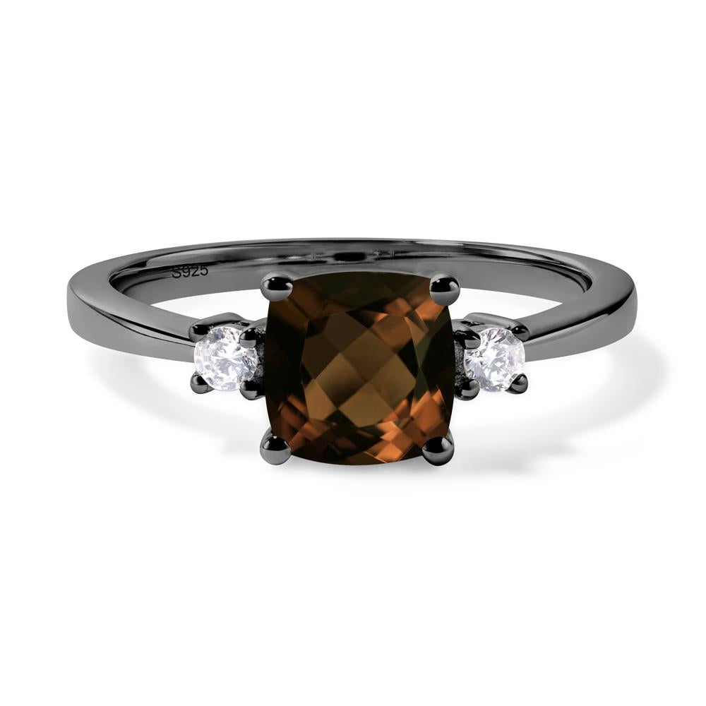 Cushion Cut Smoky Quartz Trilogy Ring - LUO Jewelry #metal_black finish sterling silver