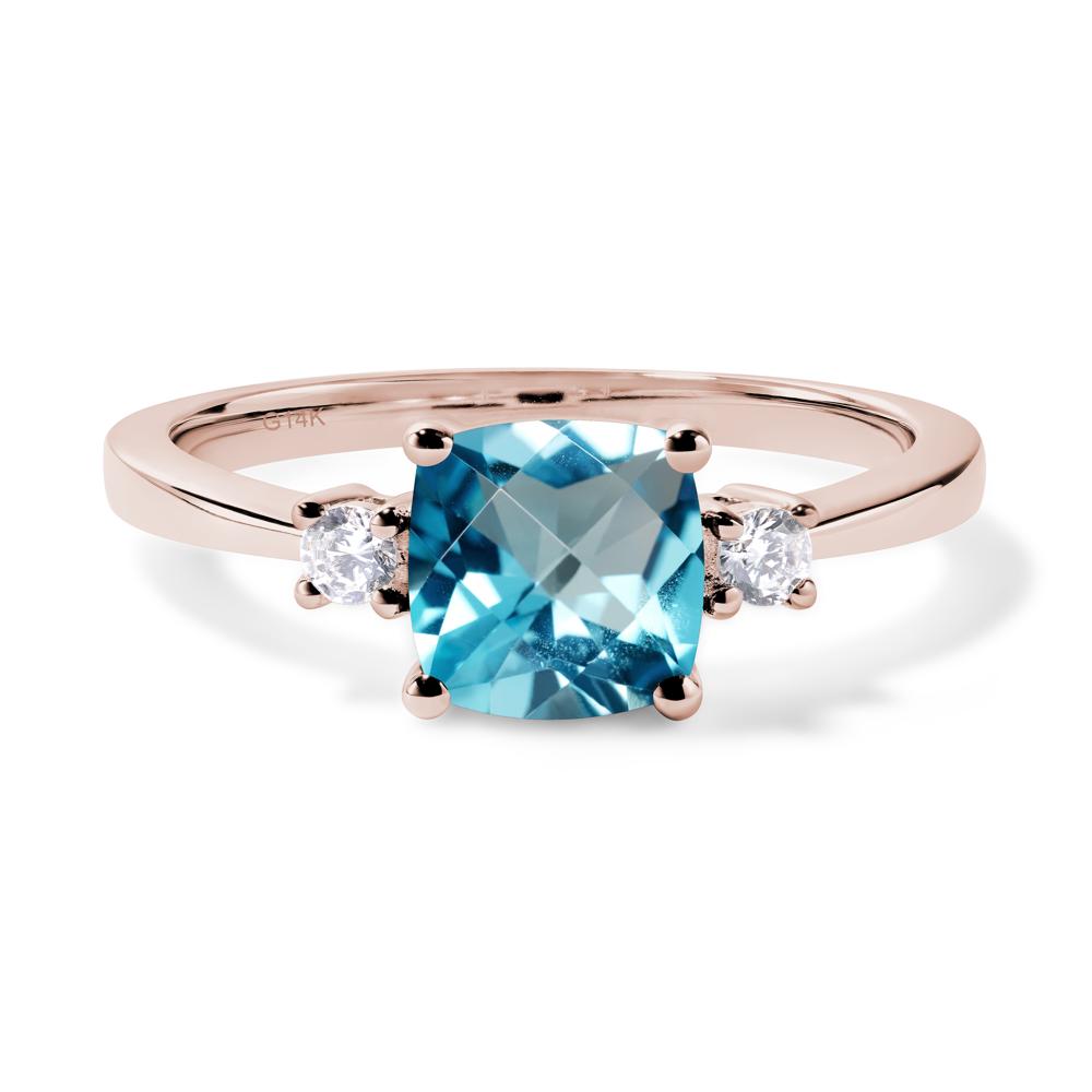 Cushion Cut Swiss Blue Topaz Trilogy Ring - LUO Jewelry #metal_14k rose gold