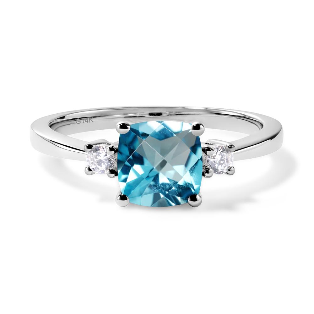 Cushion Cut Swiss Blue Topaz Trilogy Ring - LUO Jewelry #metal_14k white gold