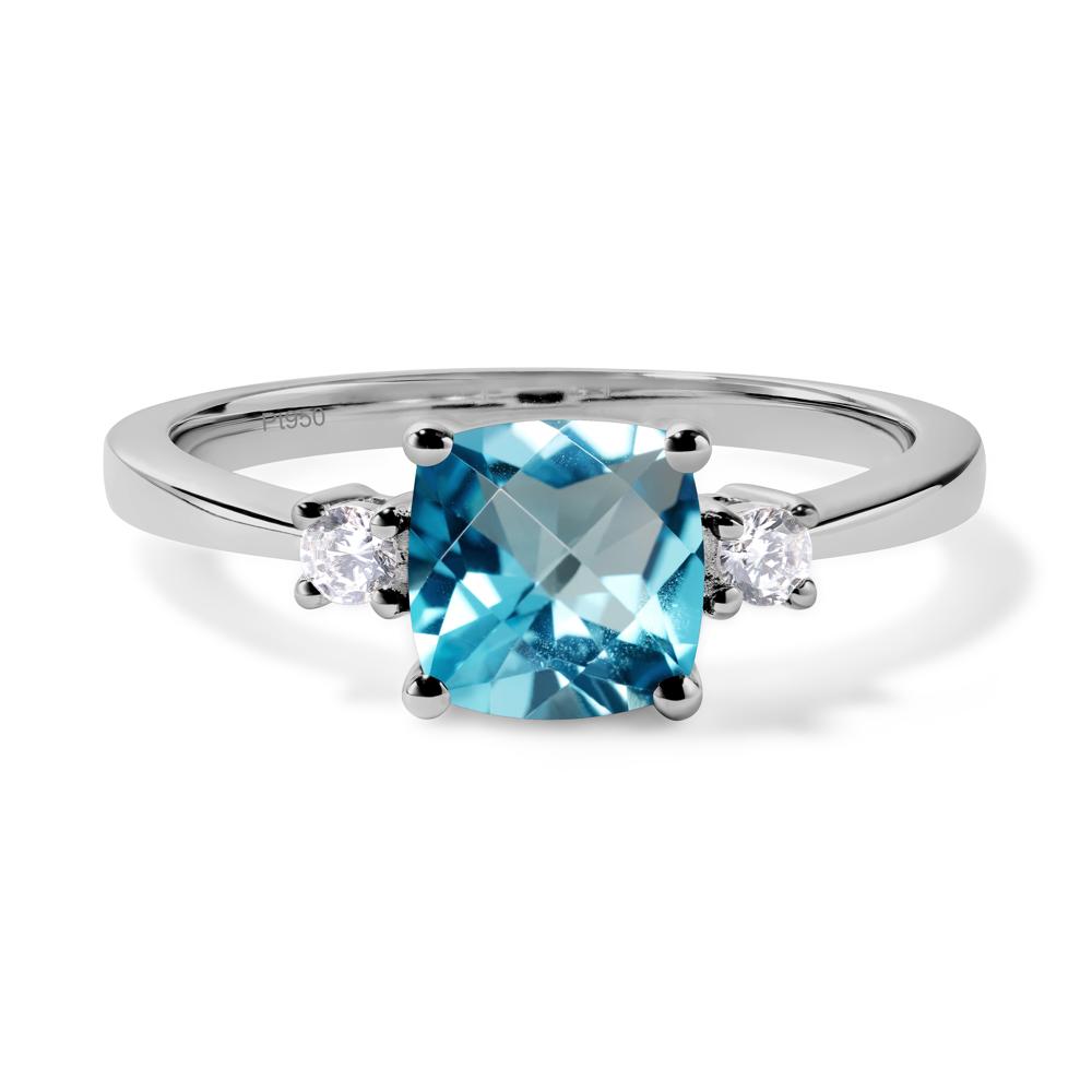 Cushion Cut Swiss Blue Topaz Trilogy Ring - LUO Jewelry #metal_platinum