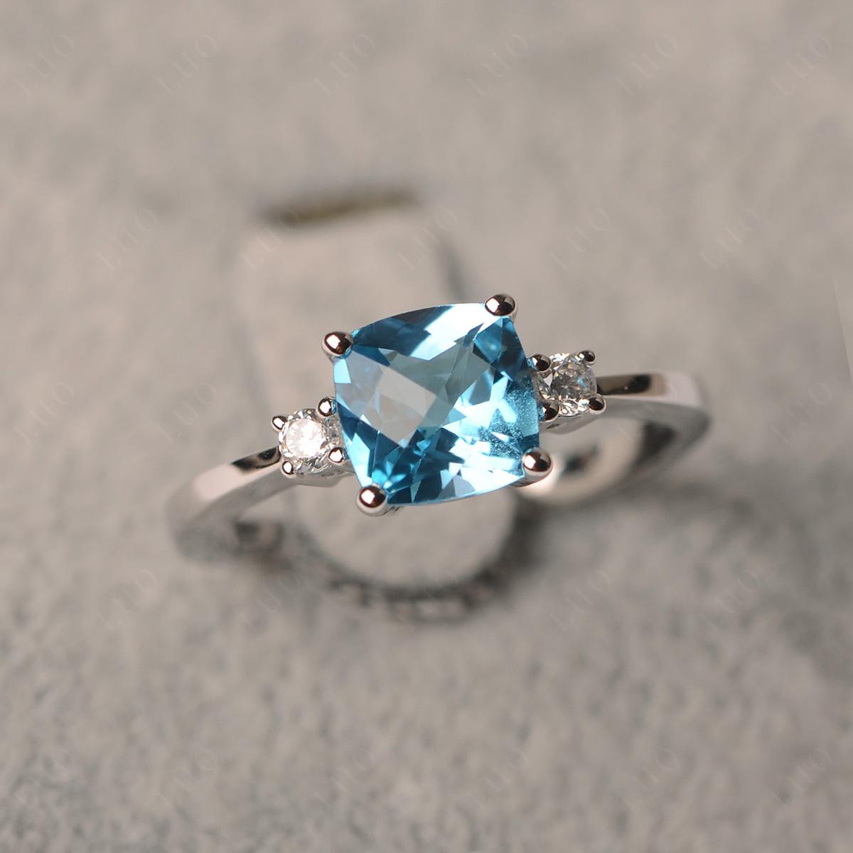 Cushion Cut Swiss Blue Topaz Trilogy Ring - LUO Jewelry