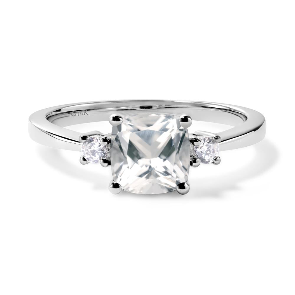 Cushion Cut White Topaz Trilogy Ring - LUO Jewelry #metal_14k white gold