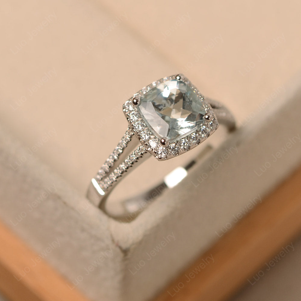 Aquamarine Cushion Cut Split Shank Halo Engagement Ring - LUO Jewelry