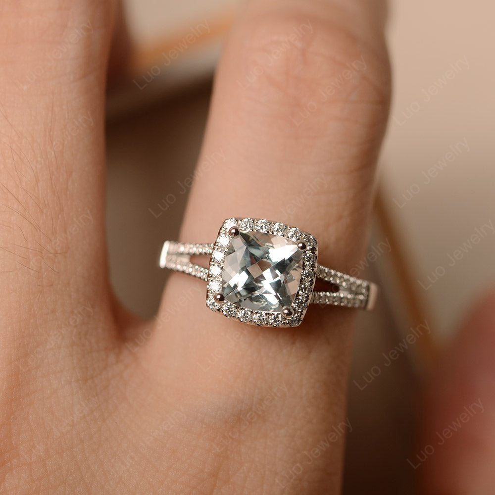 Aquamarine Cushion Cut Split Shank Halo Engagement Ring - LUO Jewelry