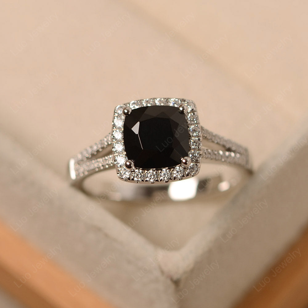 Black Spinel Cushion Cut Split Shank Halo Engagement Ring - LUO Jewelry