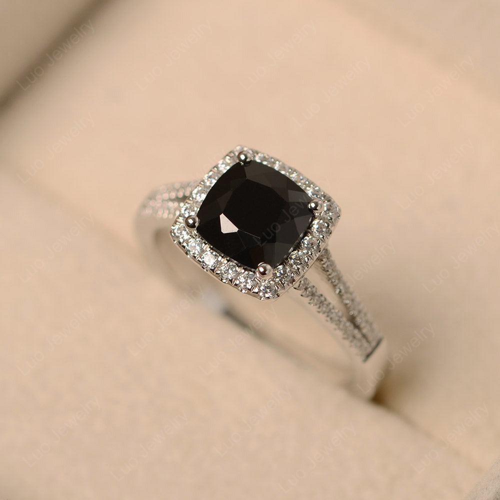 Black Spinel Cushion Cut Split Shank Halo Engagement Ring - LUO Jewelry