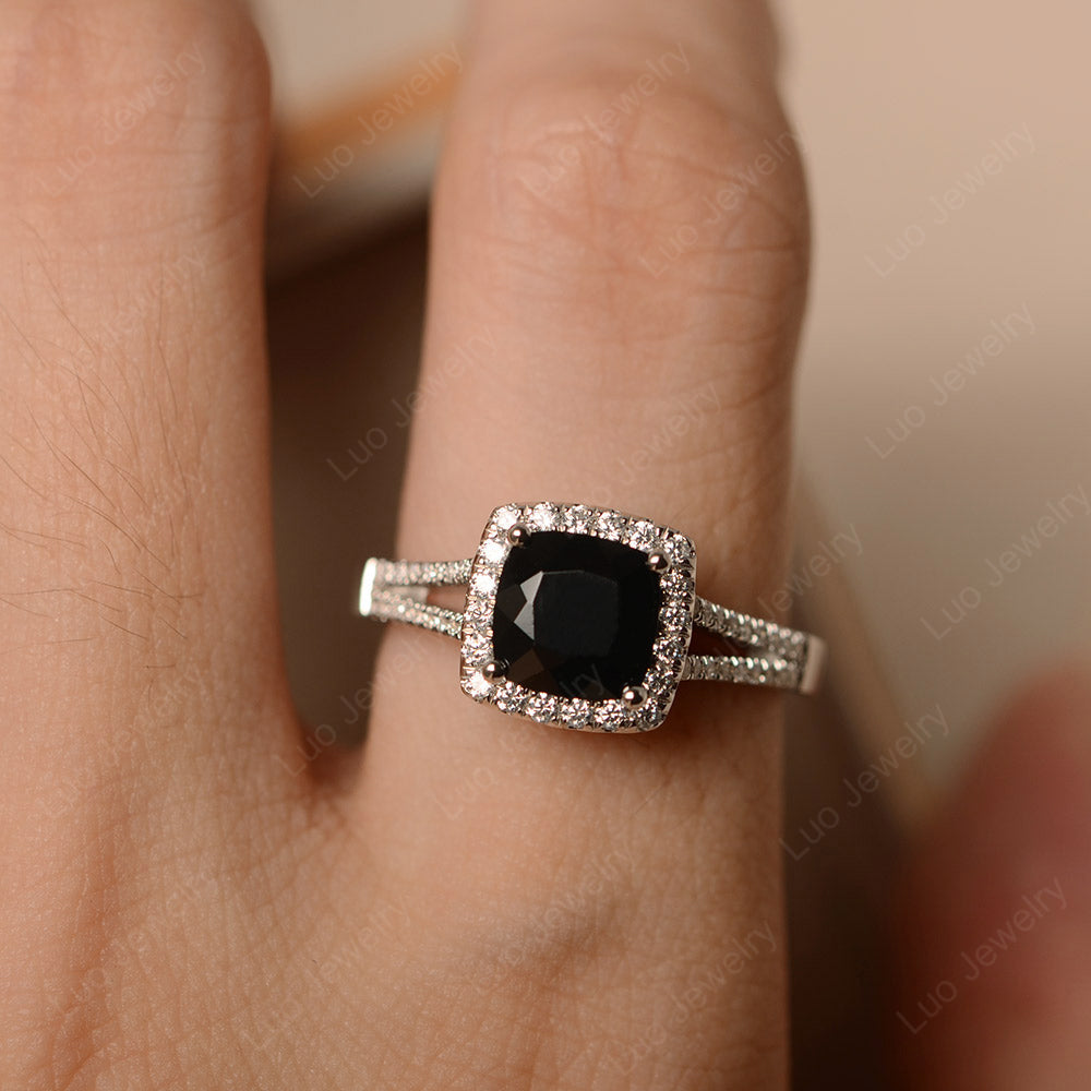 Black Spinel Cushion Cut Split Shank Halo Engagement Ring - LUO Jewelry