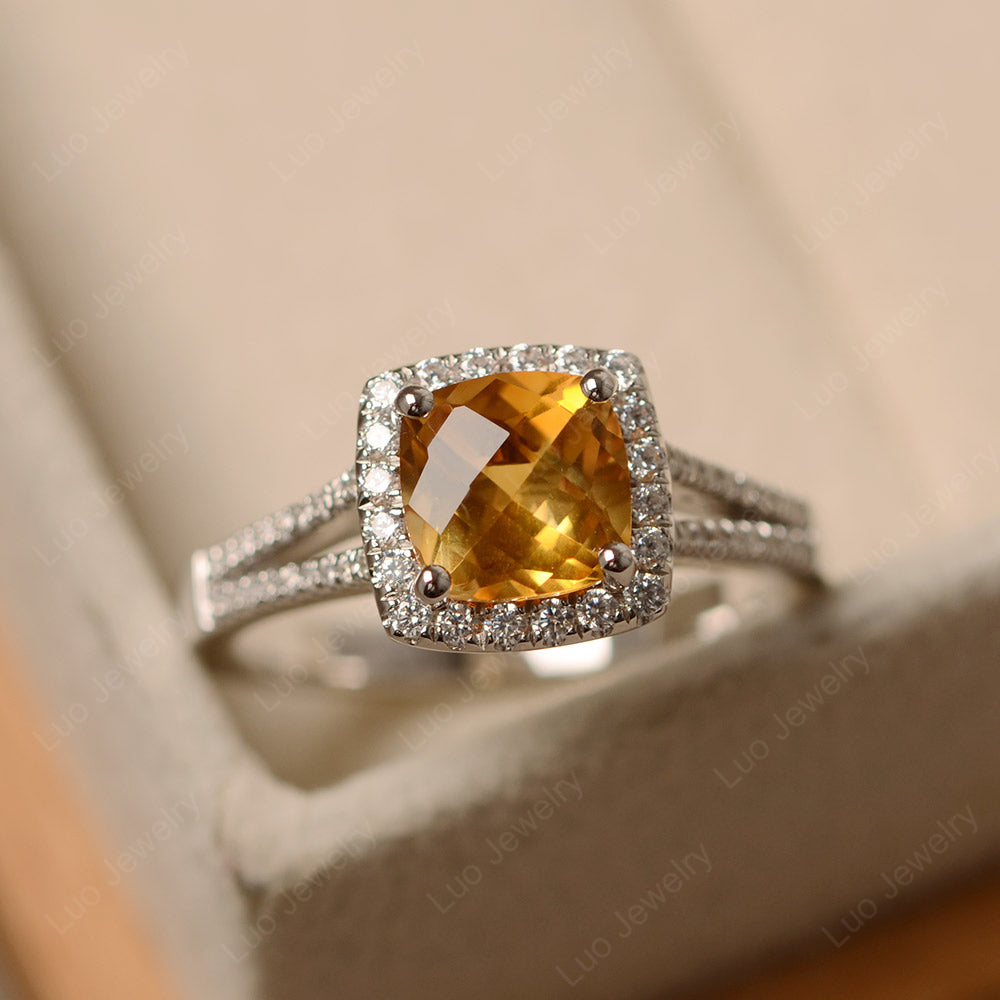 Citrine Cushion Cut Split Shank Halo Engagement Ring - LUO Jewelry