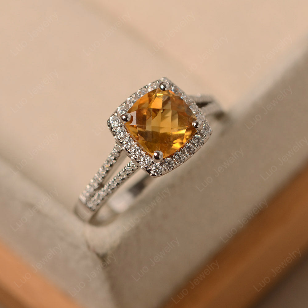 Citrine Cushion Cut Split Shank Halo Engagement Ring - LUO Jewelry