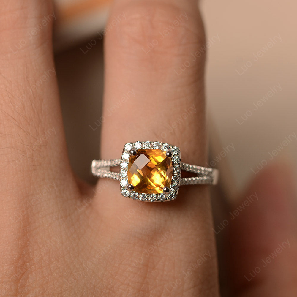 Citrine Cushion Cut Split Shank Halo Engagement Ring - LUO Jewelry