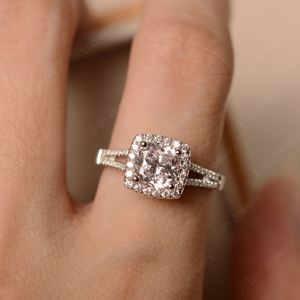 Cubic Zirconia Cushion Cut Split Shank Halo Engagement Ring - LUO Jewelry