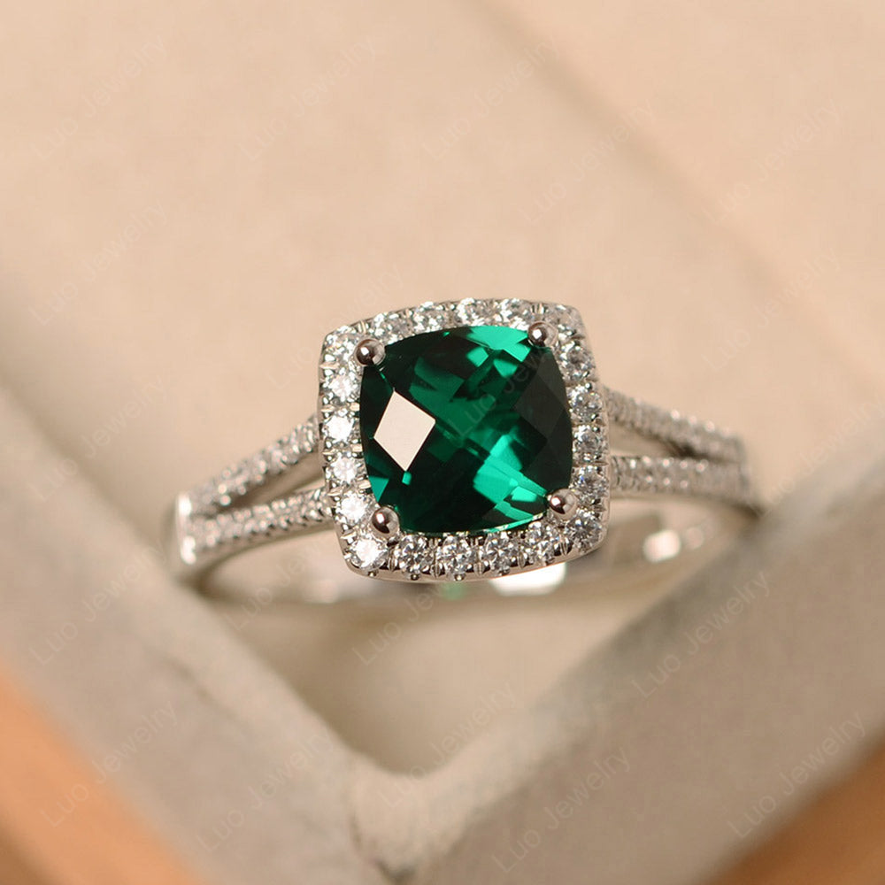 Lab Emerald Cushion Cut Split Shank Halo Engagement Ring - LUO Jewelry