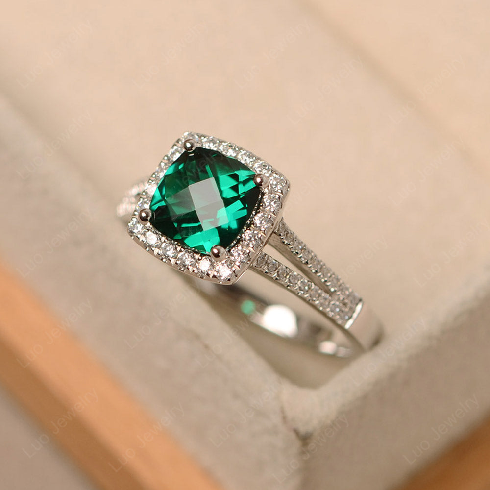 Lab Emerald Cushion Cut Split Shank Halo Engagement Ring - LUO Jewelry