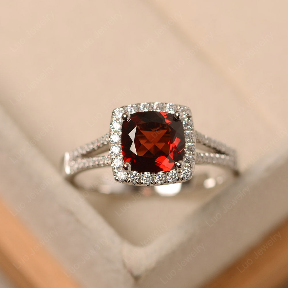 Garnet Cushion Cut Split Shank Halo Engagement Ring - LUO Jewelry