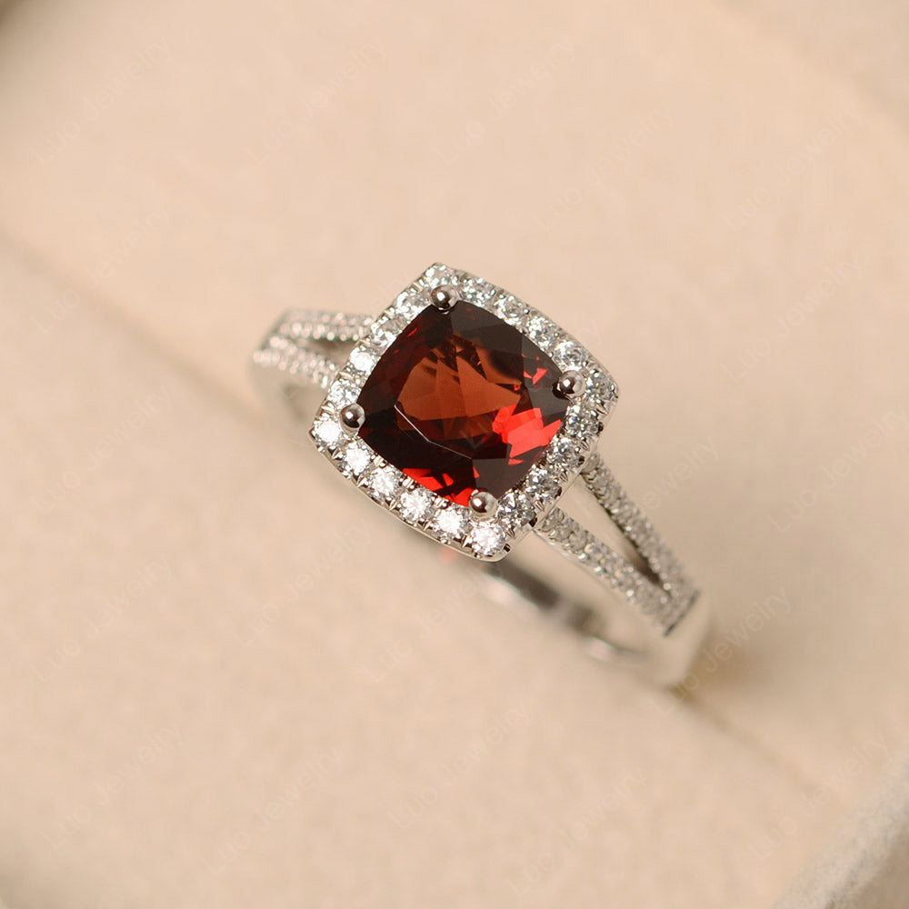 Garnet Cushion Cut Split Shank Halo Engagement Ring - LUO Jewelry