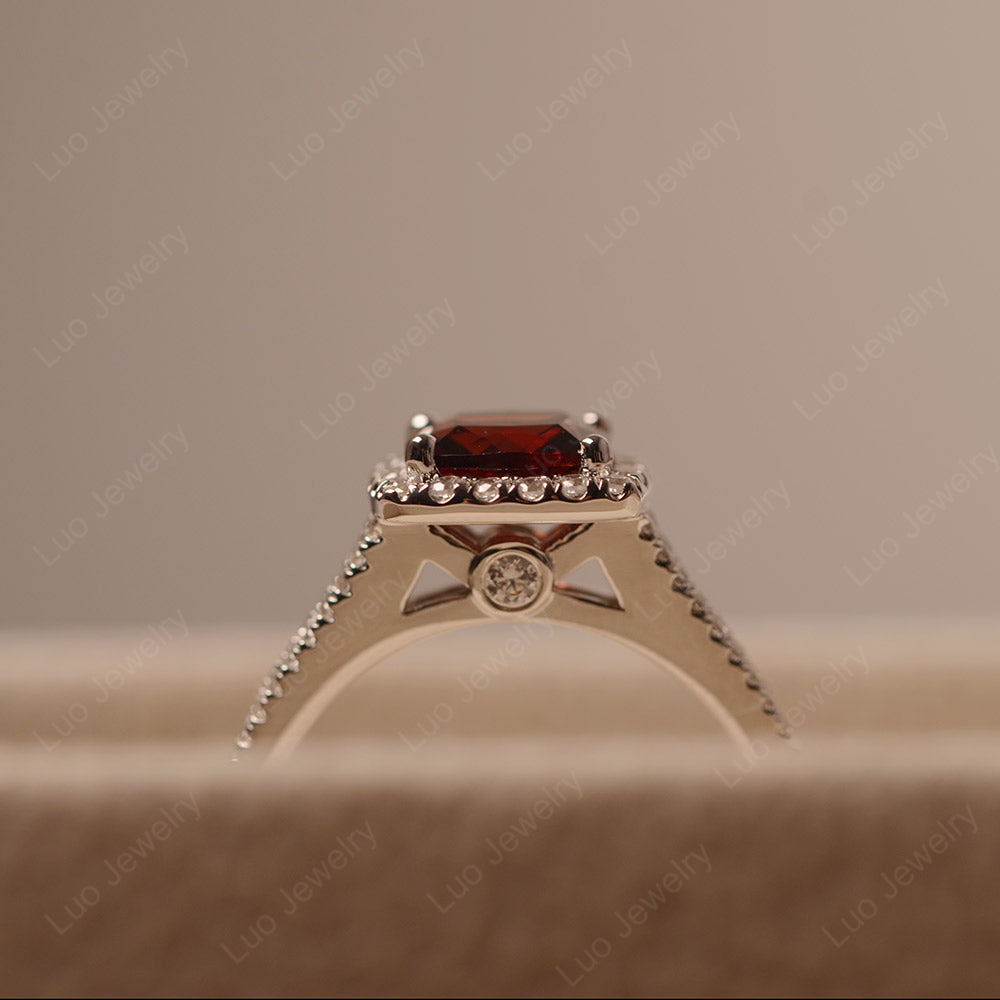 Garnet Cushion Cut Split Shank Halo Engagement Ring - LUO Jewelry