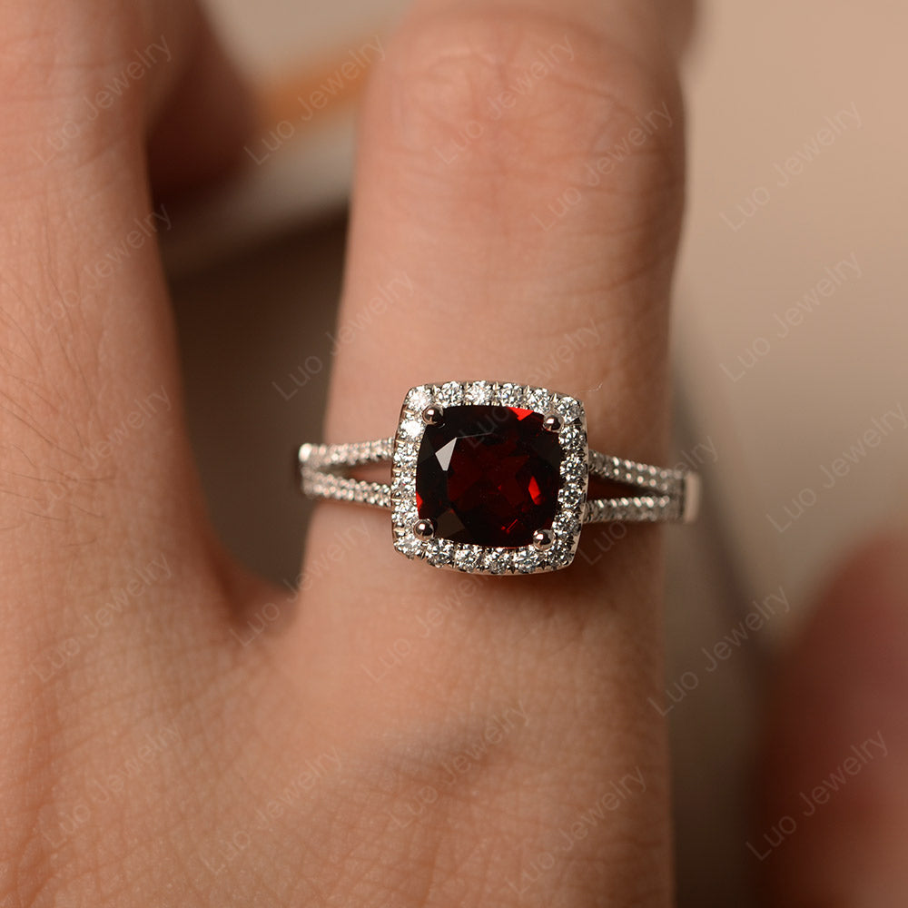 Garnet Cushion Cut Split Shank Halo Engagement Ring - LUO Jewelry