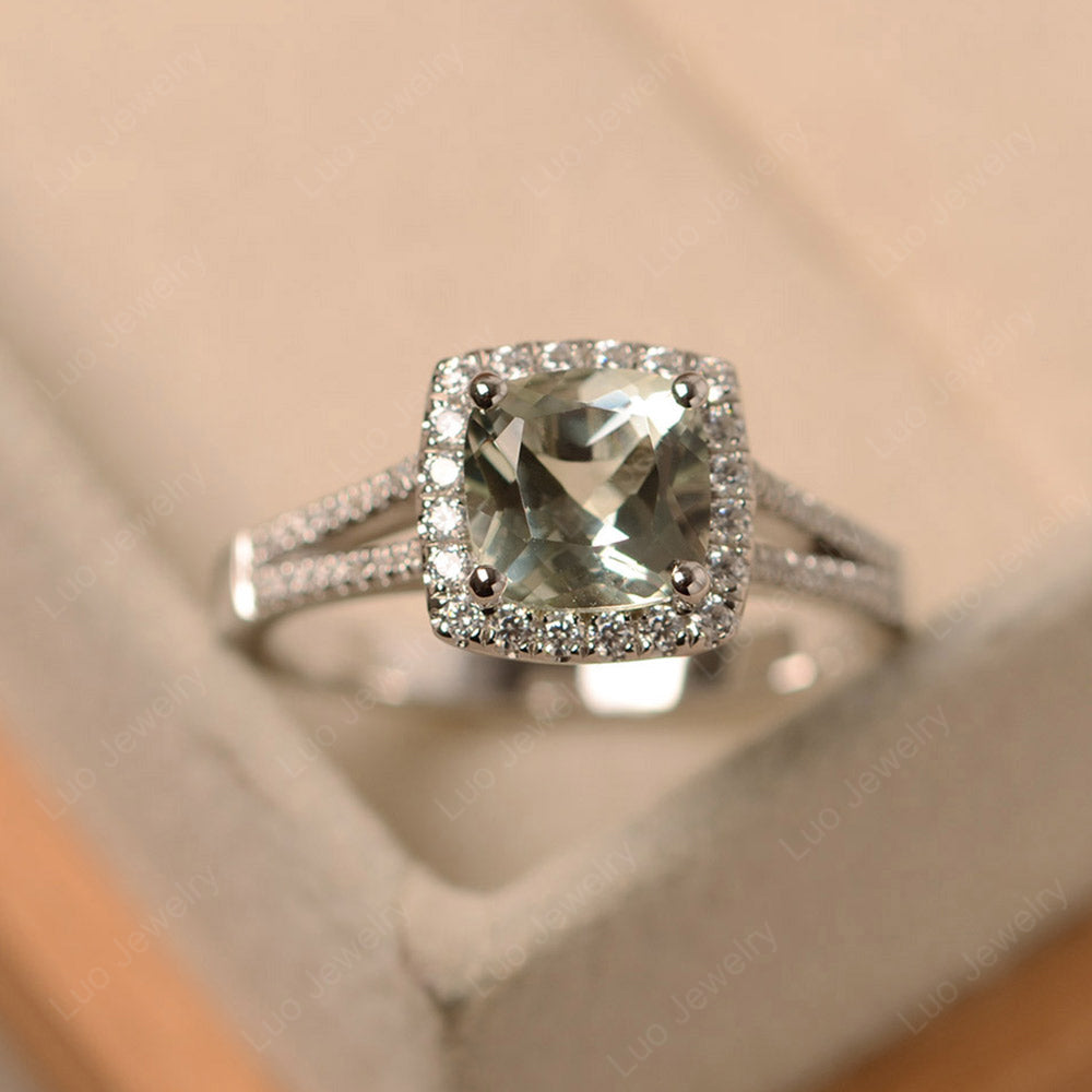 Green Amethyst Cushion Cut Split Shank Halo Engagement Ring - LUO Jewelry