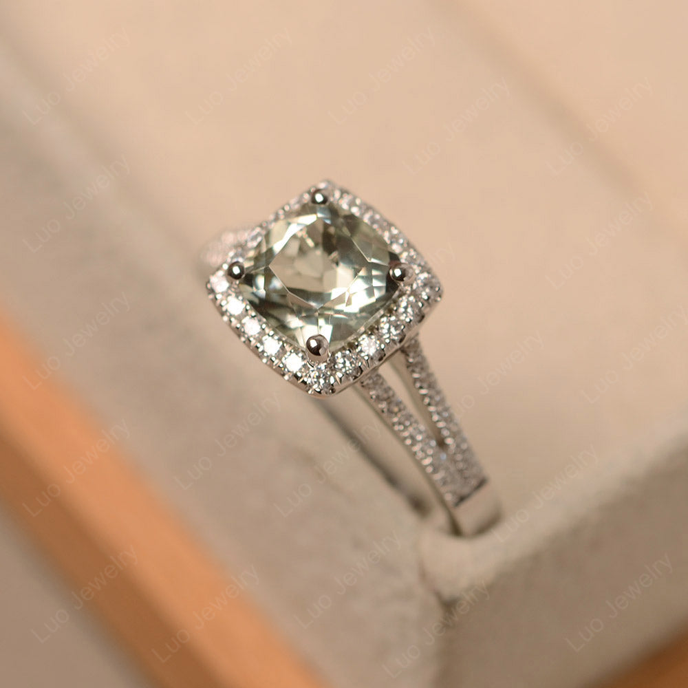 Green Amethyst Cushion Cut Split Shank Halo Engagement Ring - LUO Jewelry