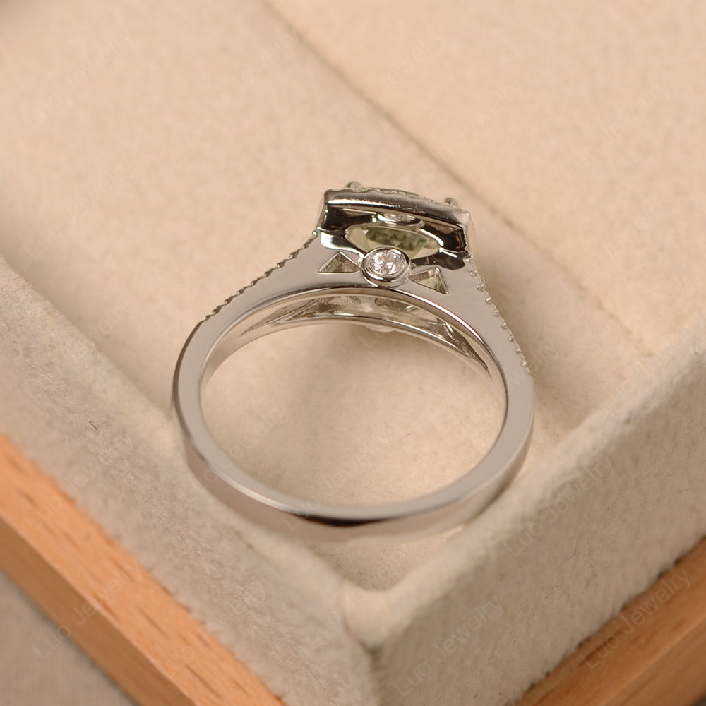 Green Amethyst Cushion Cut Split Shank Halo Engagement Ring - LUO Jewelry