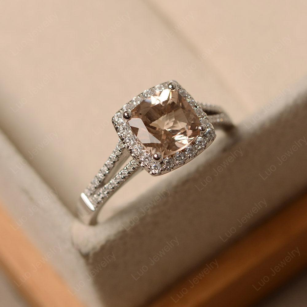 Morganite Cushion Cut Split Shank Halo Engagement Ring - LUO Jewelry
