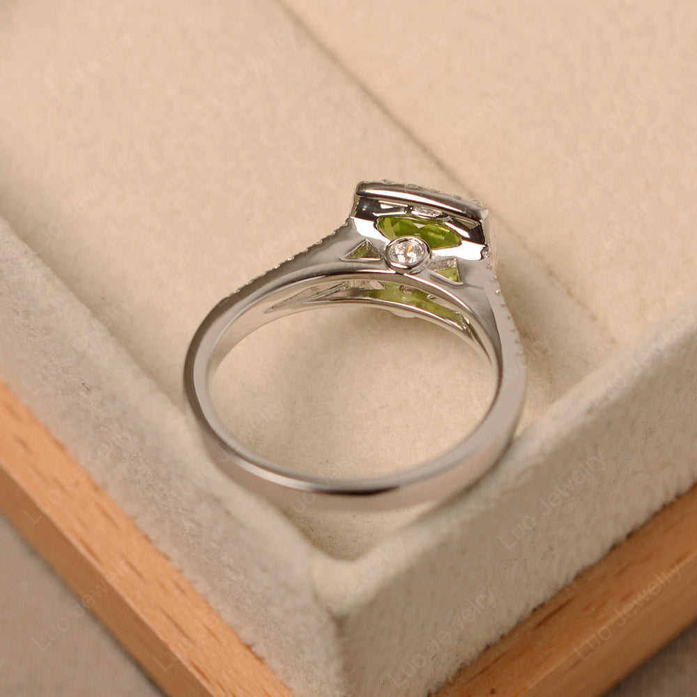 Peridot Cushion Cut Split Shank Halo Engagement Ring - LUO Jewelry