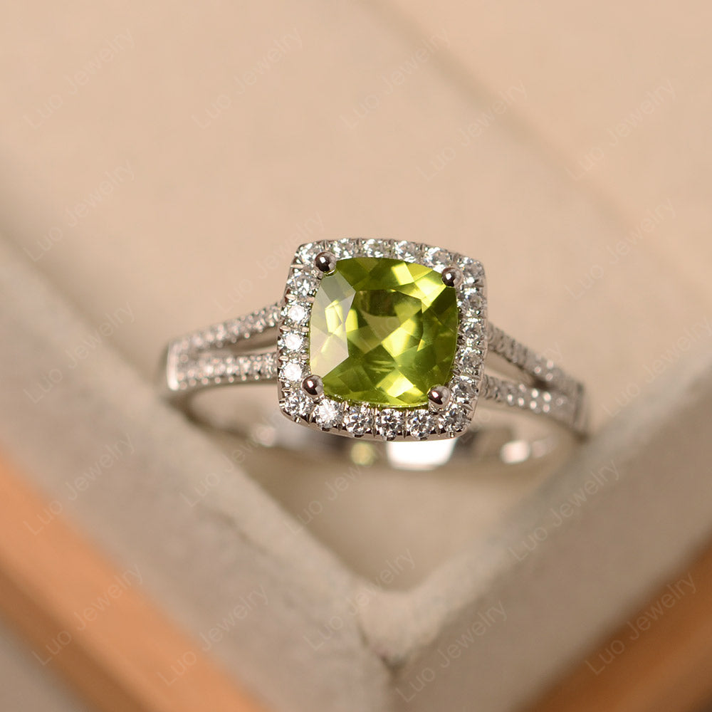 Peridot Cushion Cut Split Shank Halo Engagement Ring - LUO Jewelry