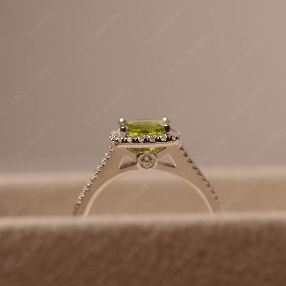 Peridot Cushion Cut Split Shank Halo Engagement Ring - LUO Jewelry