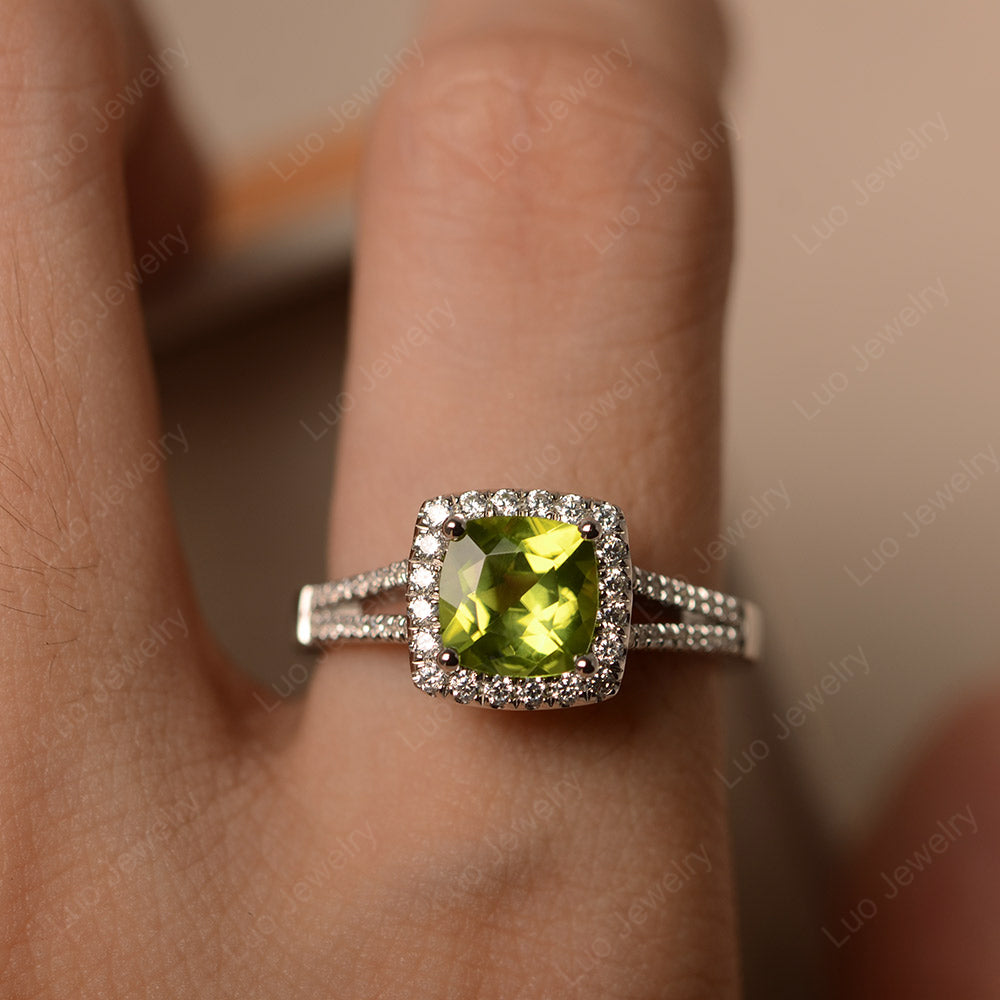 Peridot Cushion Cut Split Shank Halo Engagement Ring - LUO Jewelry