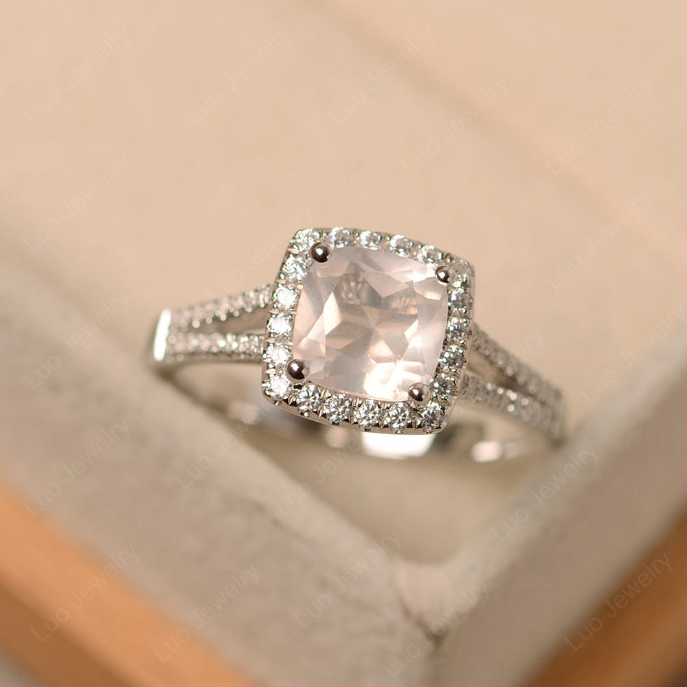 Rose Quartz Cushion Cut Split Shank Halo Engagement Ring - LUO Jewelry