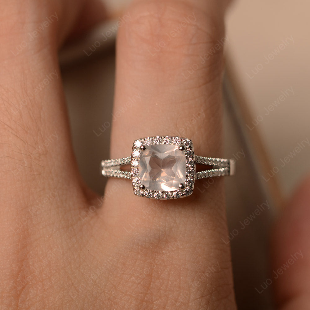 Rose Quartz Cushion Cut Split Shank Halo Engagement Ring - LUO Jewelry