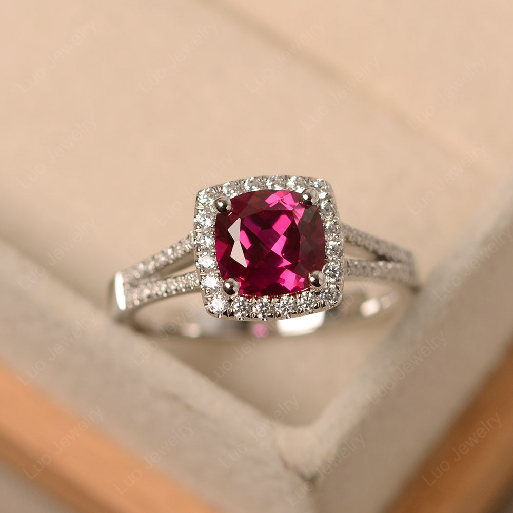 Ruby Cushion Cut Split Shank Halo Engagement Ring - LUO Jewelry