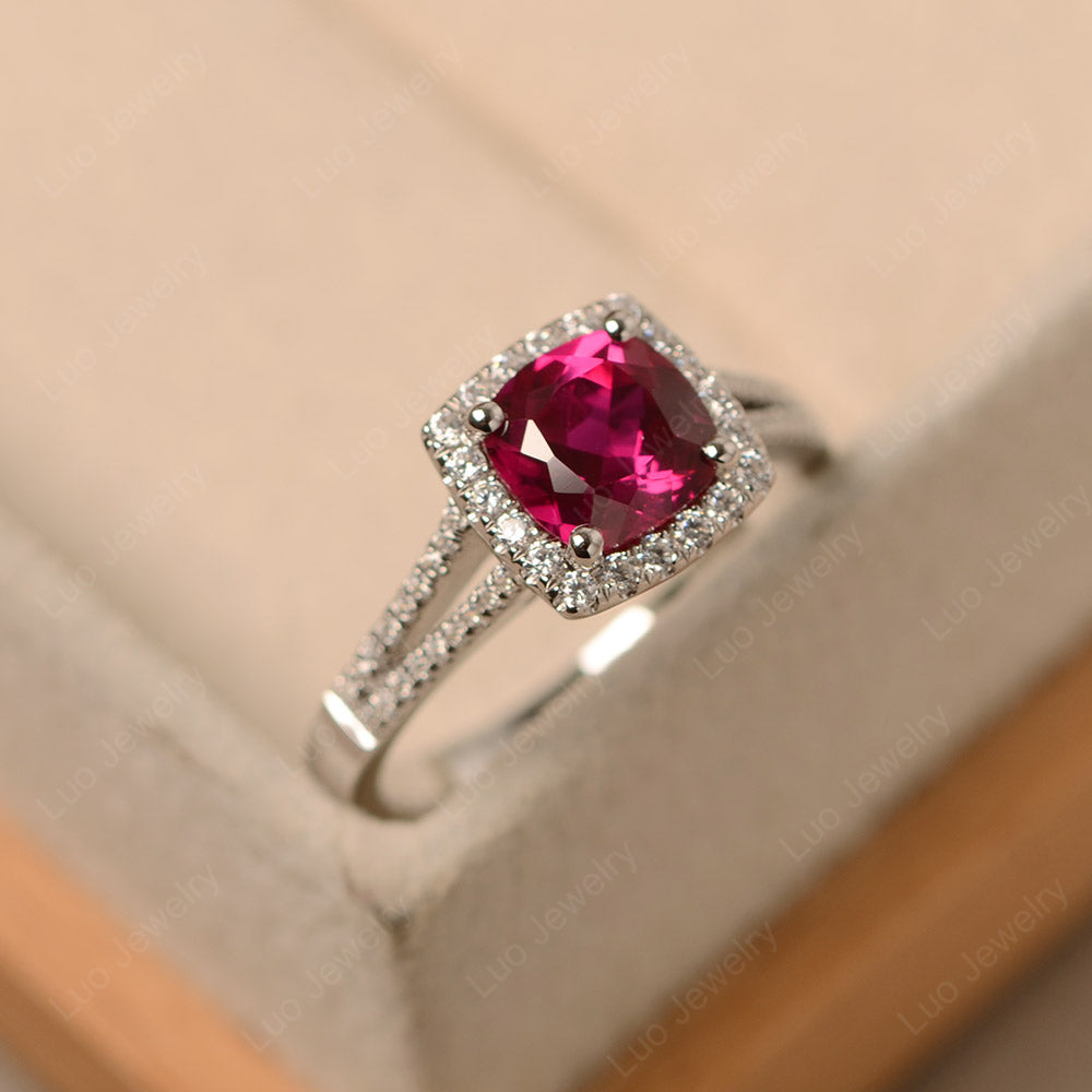 Ruby Cushion Cut Split Shank Halo Engagement Ring - LUO Jewelry