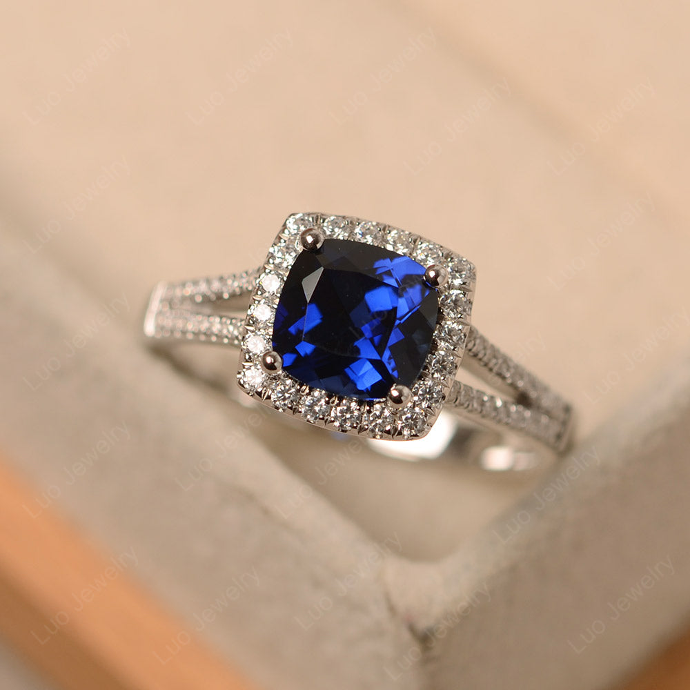 Lab Sapphire Cushion Cut Split Shank Halo Engagement Ring - LUO Jewelry