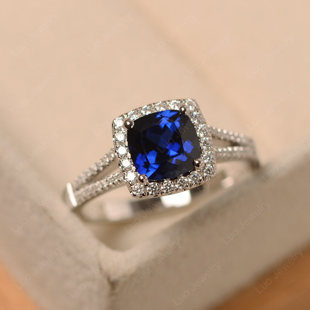 Lab Sapphire Cushion Cut Split Shank Halo Engagement Ring - LUO Jewelry