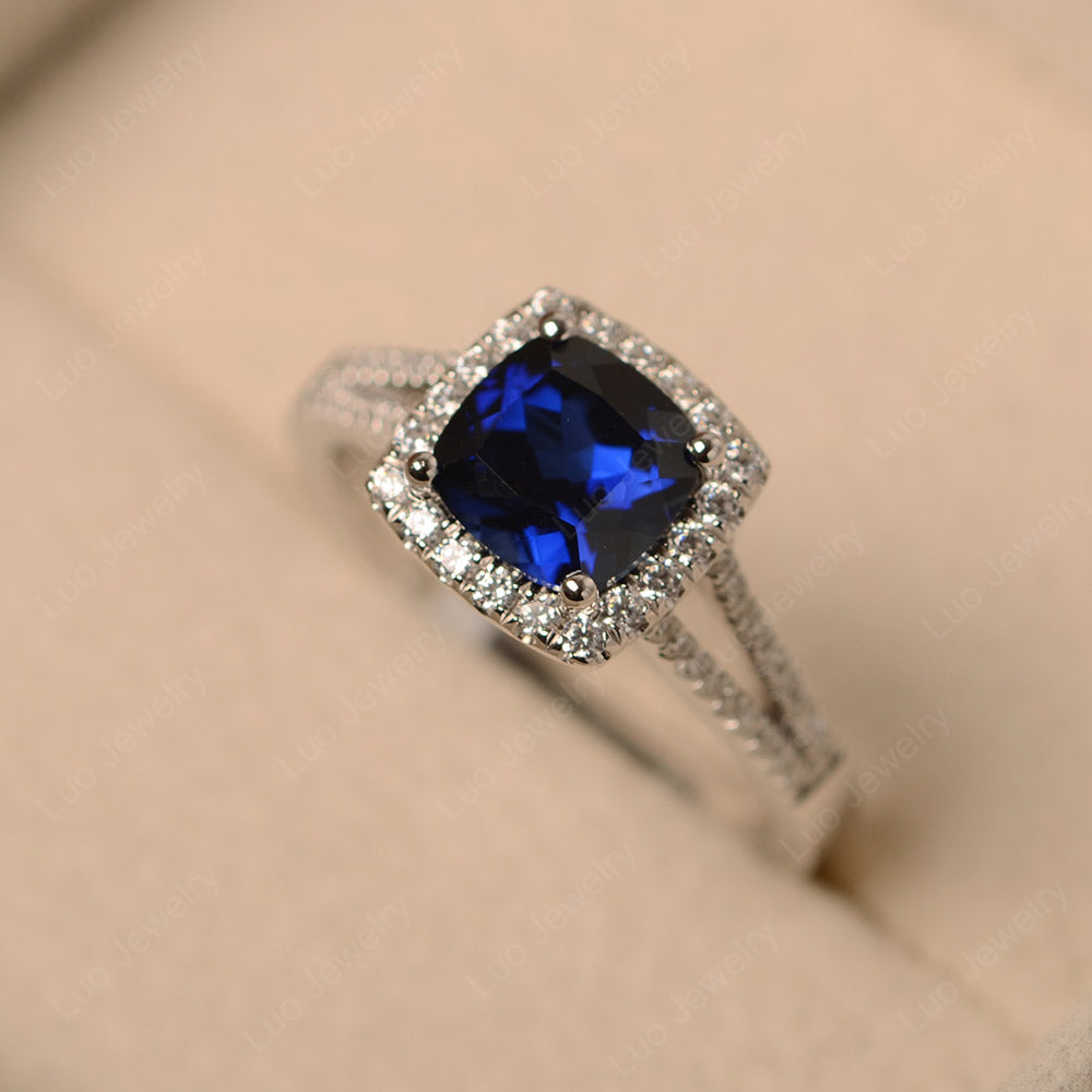 Lab Sapphire Cushion Cut Split Shank Halo Engagement Ring - LUO Jewelry