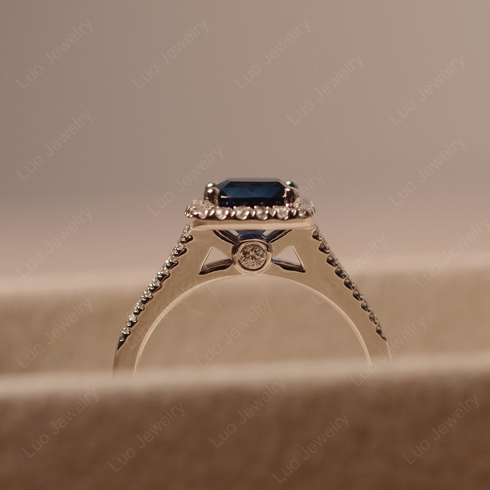 Lab Sapphire Cushion Cut Split Shank Halo Engagement Ring - LUO Jewelry