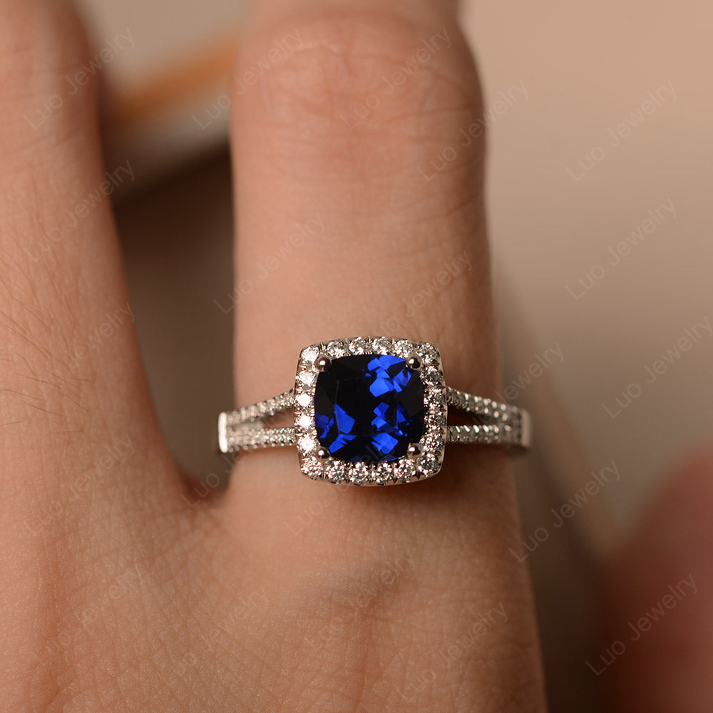 Lab Sapphire Cushion Cut Split Shank Halo Engagement Ring - LUO Jewelry