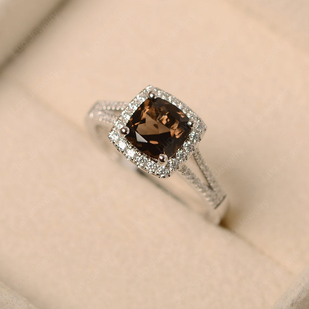 Smoky Quartz  Cushion Cut Split Shank Halo Engagement Ring - LUO Jewelry