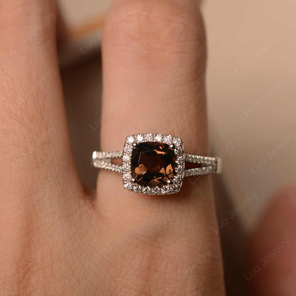 Smoky Quartz  Cushion Cut Split Shank Halo Engagement Ring - LUO Jewelry